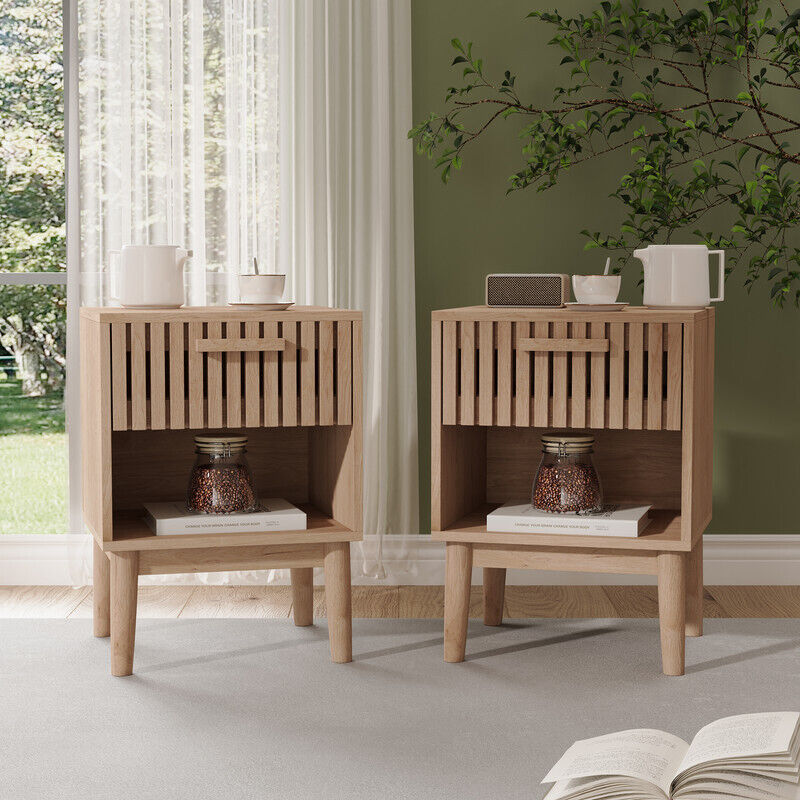Lot de 2 Table de Chevet - Petite Table d'appoint avec tiroirs et étagère Ouverte - Table de Chevet avec Pieds en Bois Massif - pour Salon, Chambre à