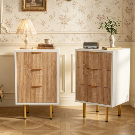 Lot de 2 Table de Chevet - Table de Nuit avec 3 tiroirs, Table d'appoint pour Chambre à Coucher - Meuble de Rangement Moderne, Blanc