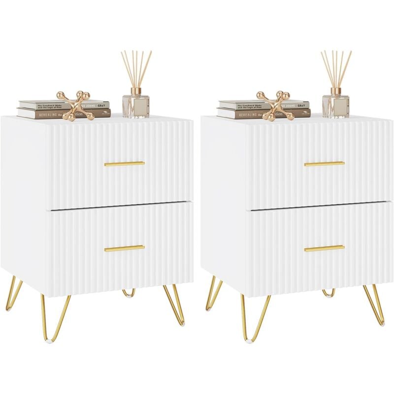 Lot de 2 Table de Chevet Woltu Table de Nuit avec 2 Tiroirs, Poignées et Pieds en Métal Doré, 40x35x53 cm, Blanc