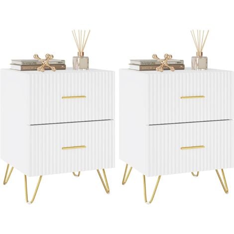 Lot de 2 Table de Chevet WOLTU, Table de Nuit avec 2 Tiroirs, Poignées et Pieds en Métal Doré, 40x35x53 cm, Blanc