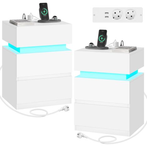 Lot de 2 Table de Chevet WOLTU, Table de Nuit LED, avec Station de Charge, 2 Prises, 2 Ports USB, 2 Tiroirs, 1 Casier, Blanc