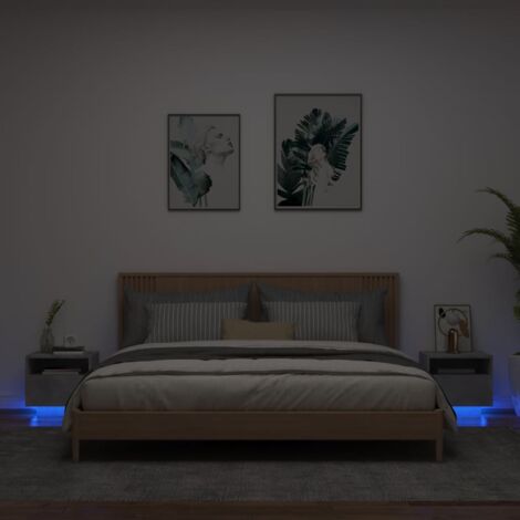Lot de 2 Table de chevet，Tables d'appoint，Table de nuit avec lumières LED gris béton CFW79523