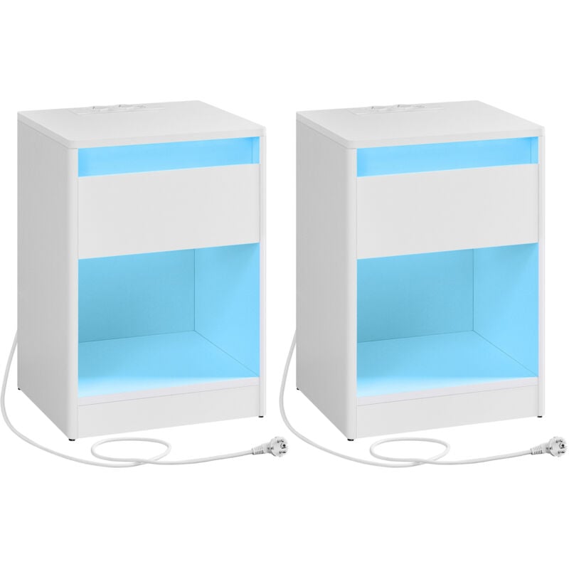 Vasagle - Lot de 2 Table de Nuit avec Multiprise, Table Basse avec Lumières led Réglables, avec Tiroir, 2 Prises Électriques, 2 Ports usb, Moderne,