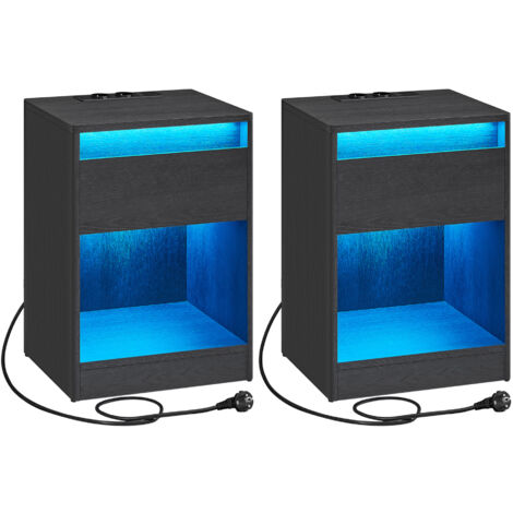 Lot de 2 Table de Nuit avec Multiprise, Table Basse avec Lumières LED Réglables, avec Tiroir, 2 Prises Électriques, 2 Ports USB, Moderne, pour Chambre, Salon, Noir Cendré