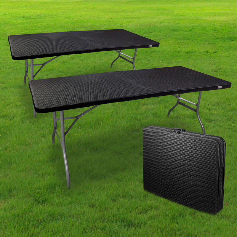 Skylantern - Lot de 2 Table Pliante Exterieur Effet Rotin 180 cm d'Appoint Rectangulaire Noire - Table de Camping 8 personnes L180 x l74 x H74cm en