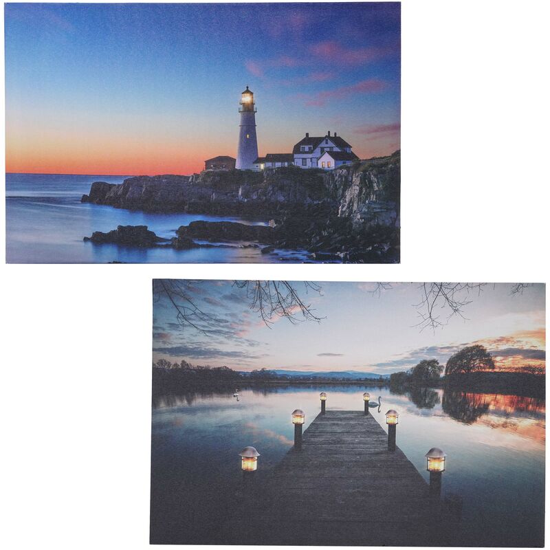 Lot de 2 tableaux led tableau lumineux sur toile tableau mural 40x60cm, minuteur Phare 040000453