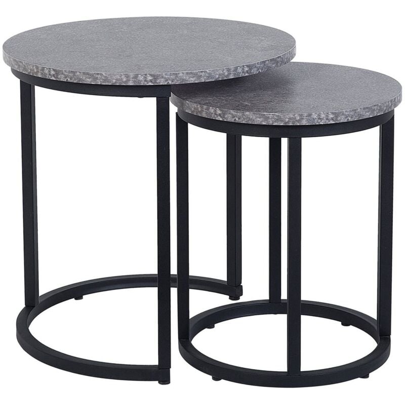 Beliani - Lot 2 Tables Basses d'Appoint Plateux Ronds Effet Béton Gris et Structure en Métal Noir Design Moderne pour Salon au Style Industriel