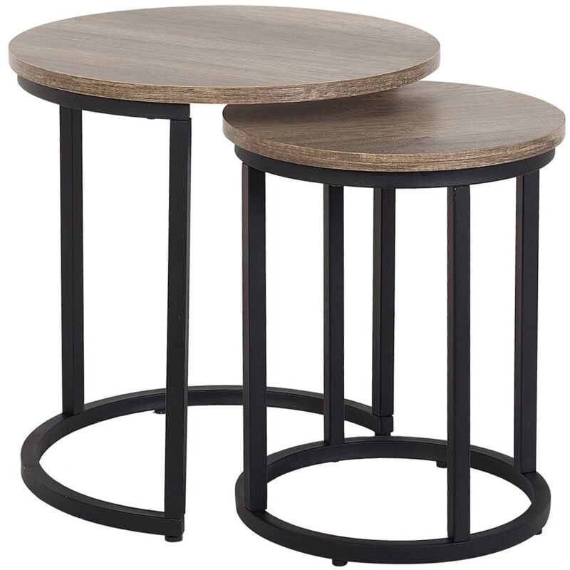 Beliani - Lot 2 Tables Basses d'Appoint Plateux Ronds Effet Bois Foncé et Structure en Métal Noir Design Moderne pour Salon au Style Industriel