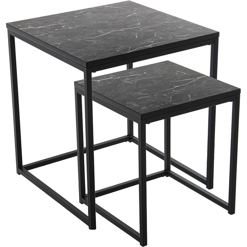 Lot de 2 Tables d'Appoint Métal/Bois Finition Marbre Noir 45X45X50 Cm +35X35X40 Cm