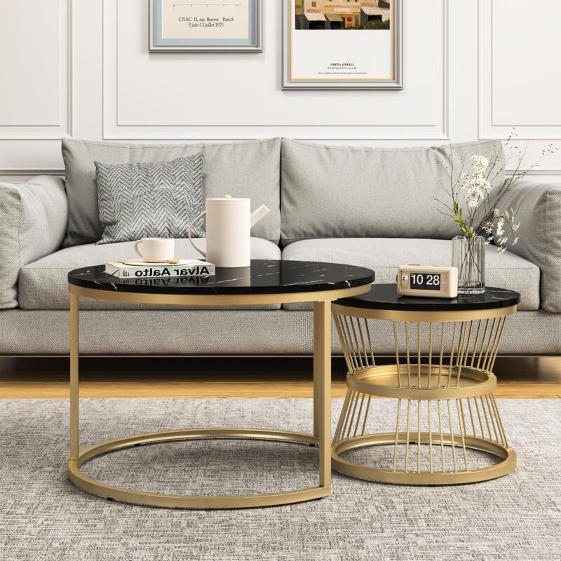 Lot de 2 Tables basse gigogne rondes, 70 cm - Avec étagères, Plateau en bois brillant effet marbre, Pieds en métal, style moderne - Noir