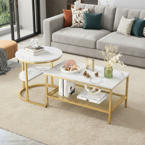 Lot de 2 tables basses 2 en 1 rondes et rectangulaires avec espace de rangement aspect marbre, cadre en métal, table de salon, table basse, blanc et doré