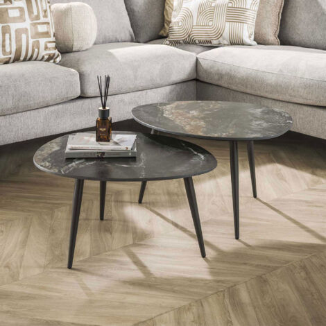 Lot de 2 tables basses 70x58 cm en céramique effet marbre noir