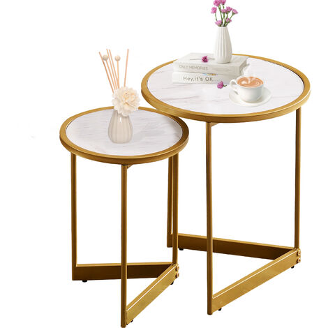 Lot de 2 Tables Basses avec Gigognes Ronde Plateau, Table de Salon Robuste Style Contemporain - Blanc