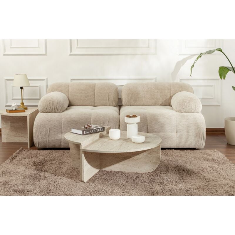 Table Basse Gigogne Ronde Bois en Travertin, Deux Pièces, 90x30x60 cm et 85x35x30 cm, Design Polyvalent, Pour Salon ou Bureau