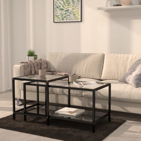Lot de 2 Tables basses Contemporain - Bouts de canapé Tables Café - Verre trempé Noir Chic-114795