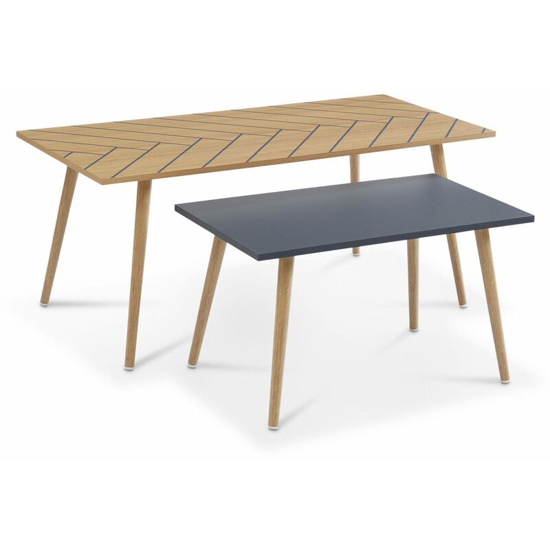 Lot de 2 tables basses couleur naturel et gris - 110x50x45.5cm et 70x40x39cm - Etnik - piétement en bois massif d'eucalyptus. design scandinave
