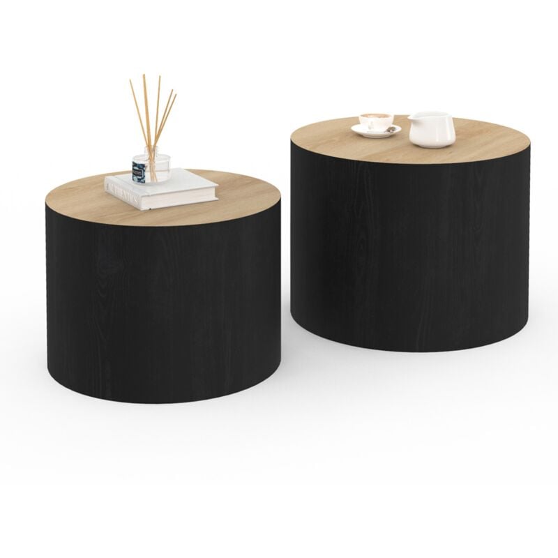 Lot de 2 tables basses cylindres gigognes GALIA bois et noir