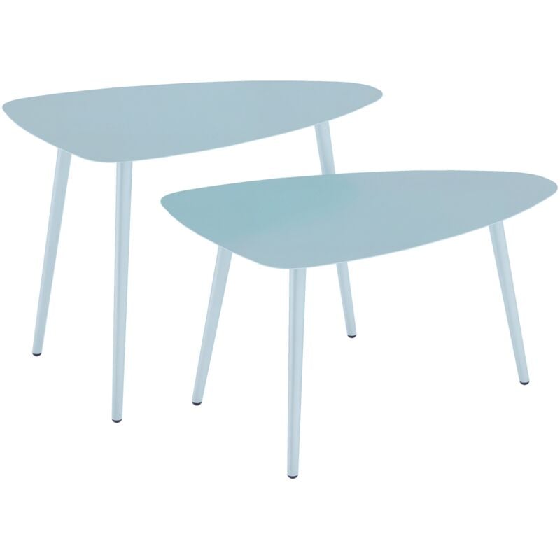 Lot de 2 tables basses gigognes de jardin design piètement effilé acier plateau métal bleu