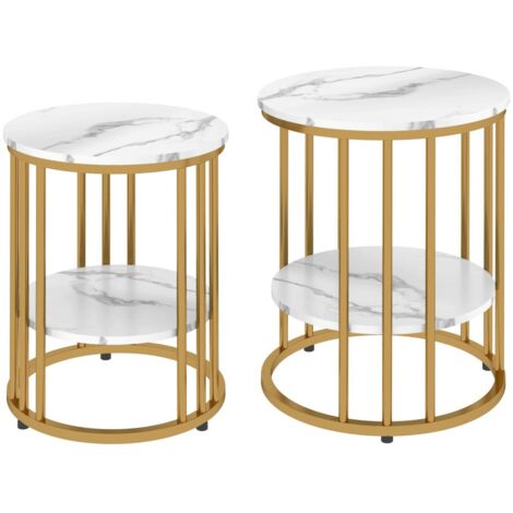 Lot de 2 Tables Basses Design Moderne - Plateau Marbre Synthétique - Cadre Acier avec Étagère - Coloris Blanc