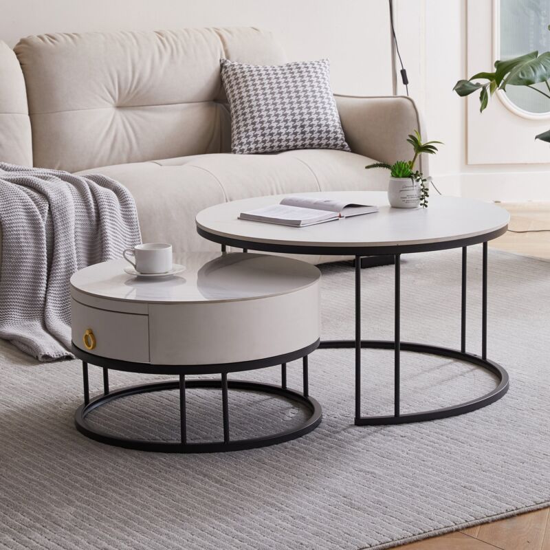 Lot de 2 tables basses en ardoise. table de salon. table d'appoint ronde. table de canapé avec des pieds Noirs