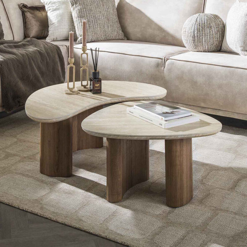 M&s - Lot de 2 tables basses forme organique effet travertin et bois M&s - Lot de 2 tables basses forme organique effet travertin et bois