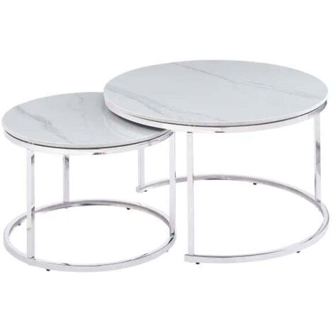 Lot de 2 tables Basses Gigogne ARTO inox et plateau en verre MARBRE BLANC