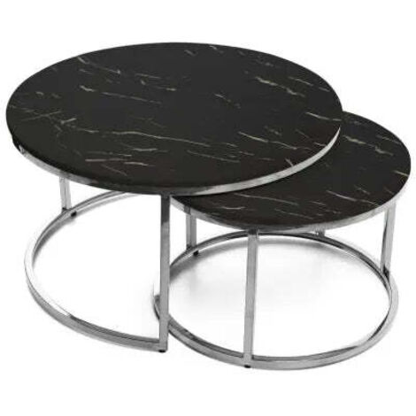 Lot de 2 tables Basses Gigogne ARTO inox et plateau en verre MARBRE NOIR
