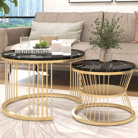 Lot de 2 tables basses gigogne rondes - Motif en marbre, cadre doré, table basse moderne style luxe léger, 70 / 45 - Blanc