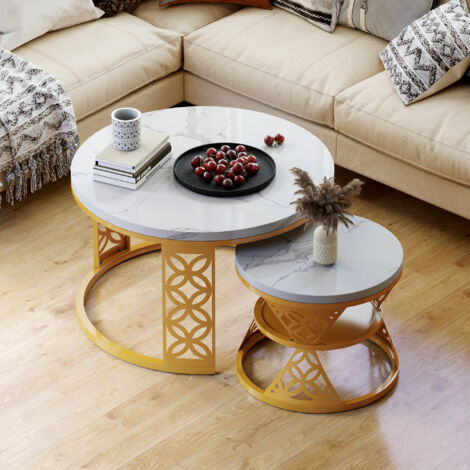 Lot de 2 tables basses gigognes 70x70x45 cm, effet marbre, pieds métal, blanc et doré