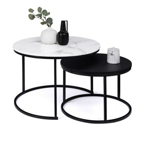 Lot de 2 tables basses gigognes ALASKA rondes 54/70 en bois effet marbre et noir pieds métal - Multicolore