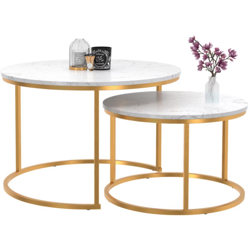 Idmarket - Lot de 2 tables basses gigognes alaska rondes 54/70 effet marbre et pied doré