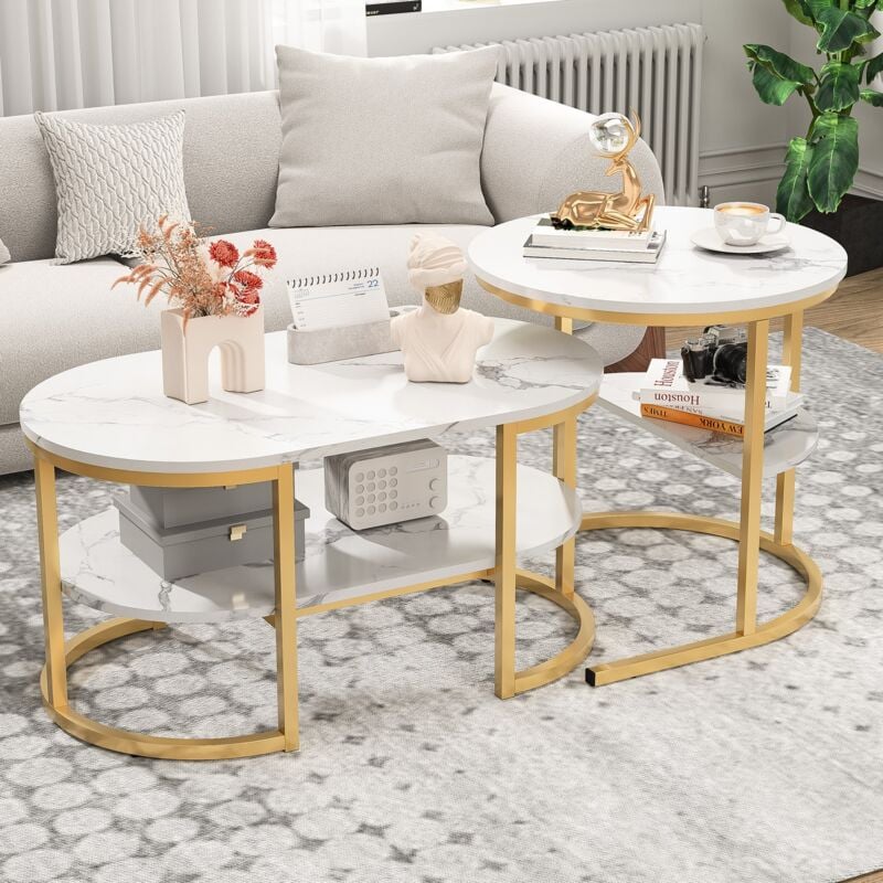 Eifson - Lot de 2 tables basses gigognes , aspect marbre lisse, étagères ouvertes, table d'appoint ovale, structure en métal, pour salon et salle à