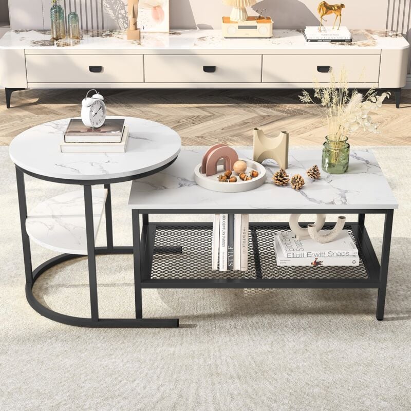 Eifson - Lot de 2 tables basses gigognes , aspect marbre lisse, étagères ouvertes, table d'appoint rectangulaire, structure en métal, pour salon et