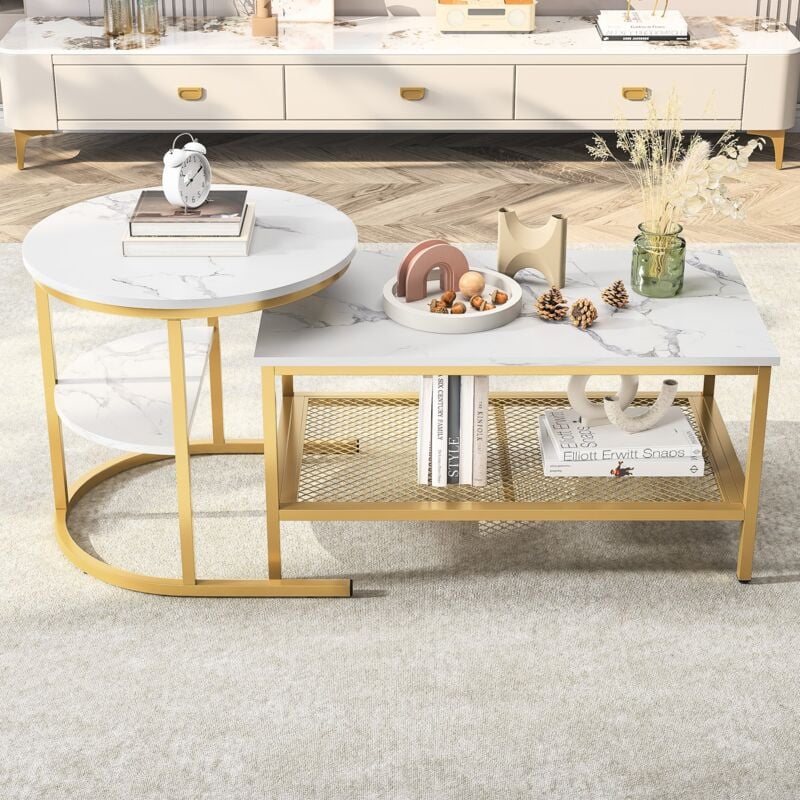 Eifson - Lot de 2 tables basses gigognes , aspect marbre lisse, étagères ouvertes, table d'appoint rectangulaire, structure en métal, pour salon et