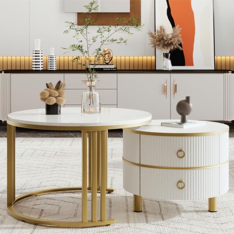 Modernluxe - Lot de 2 tables basses gigognes avec 2 tiroirs - plateau à motif de marbre - Doré & Blanc
