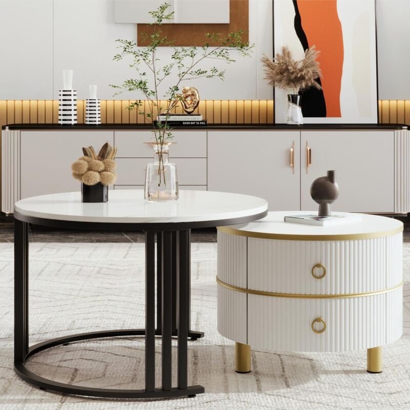 Modernluxe - Lot de 2 tables basses gigognes avec 2 tiroirs - plateau à motif de marbre - Noir & Blanc