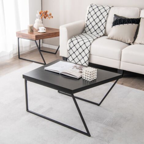 Lot de 2 Tables Basses Gigognes avec Cadre Métal, Tables d'Appoint Style Industriel avec 8 Pieds Antidérapants Réglables Noir+Marron Maison Chic