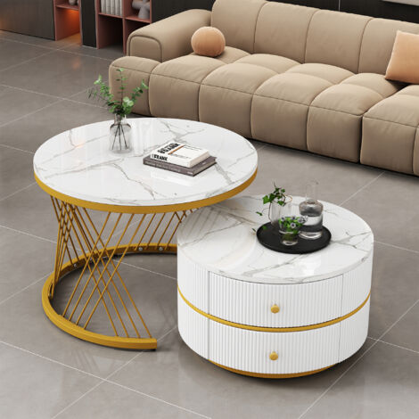 Lot de 2 tables basses gigognes blanche avec 2 tiroirs et pieds dorés, 60x60x46 cm