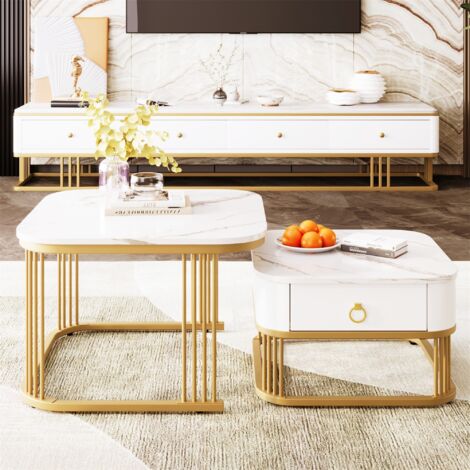 Lot de 2 tables basses gigognes carrées, aspect marbre brillant, décor doré, avec un tiroir, convient pour salon, balcon, bureau – Blanc