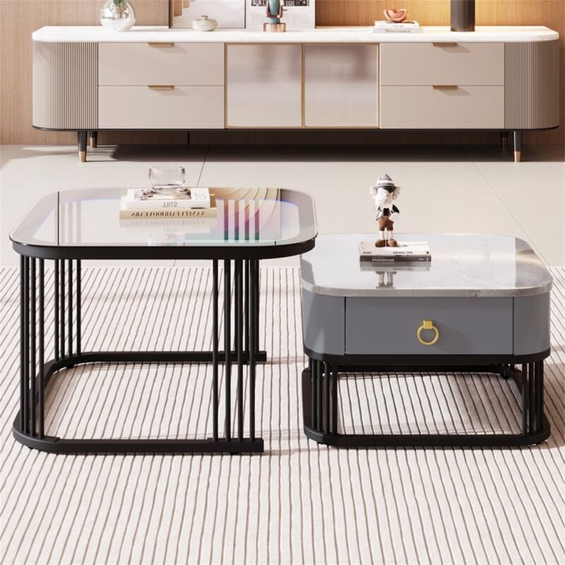 Eifson - Lot de 2 tables basses gigognes carrées, aspect marbre brillant, plateau en verre, pieds noirs, structure en métal avec un tiroir, convient