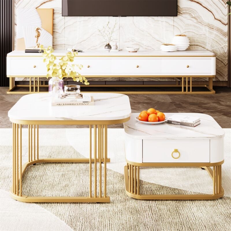 Eifson - Lot de 2 tables basses gigognes carrées, aspect marbre brillant, décor doré, avec un tiroir, convient pour salon, balcon, bureau – Blanc