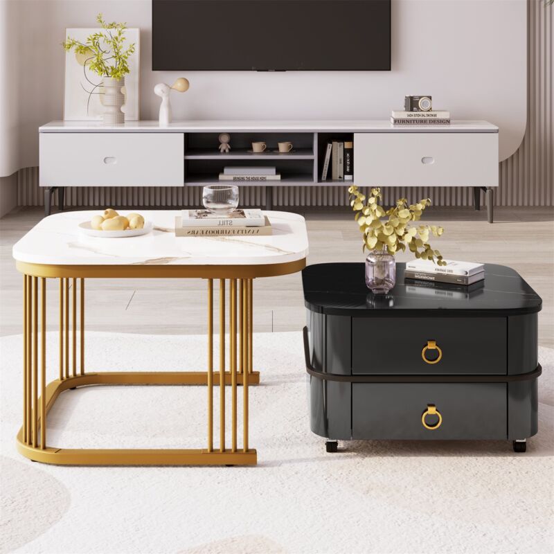 Eifson - Lot de 2 tables basses gigognes carrées, aspect marbre lisse, avec deux tiroirs, plateau en verre, 60x60x45+50x50x34 cm, adaptées aux