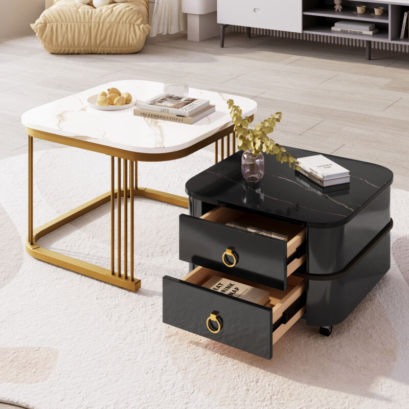 Yoleo - Lot de 2 tables basses gigognes carrées,Table d'appoint avec deux tiroirs,aspect marbre brillant,pieds noirs – Noir