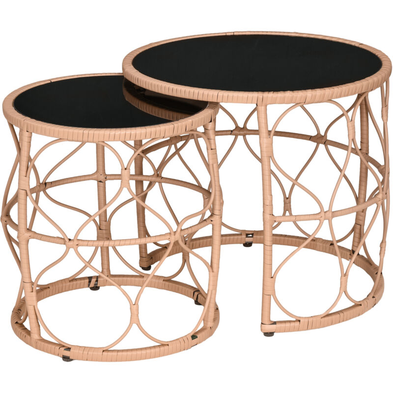 Outsunny - Lot de 2 tables basses gigognes de jardin résine tressée beige verre noir