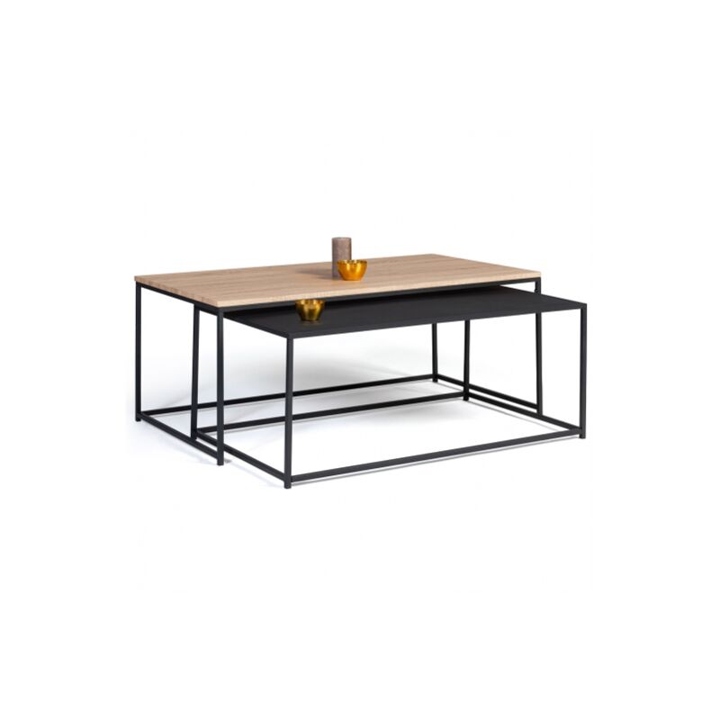 Lot de 2 tables basses gigognes DENTON 100/113 métal noir et bois design industriel