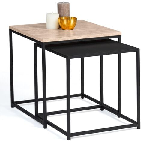 Lot de 2 tables basses gigognes DENTON 40/45 métal noir et bois design industriel - Multicolore