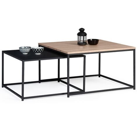 Lot de 2 tables basses gigognes DENTON 60/70 métal noir et bois design industriel