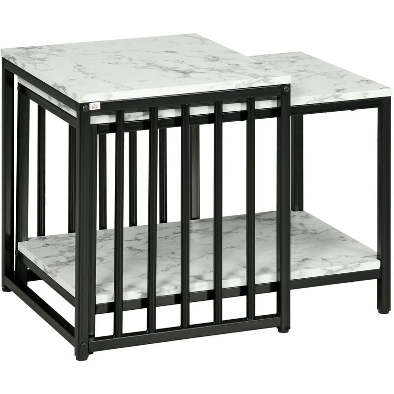 Lot de 2 tables basses gigognes design - acier noir panneaux aspect marbre blanc