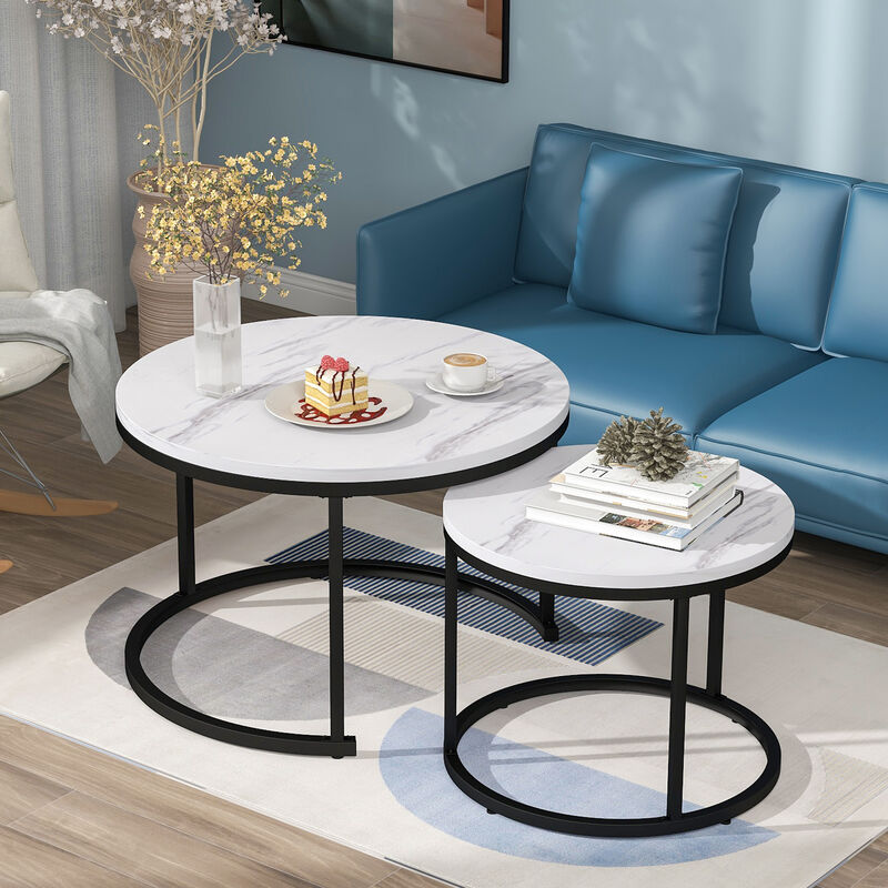 Lot de 2 tables basses gigognes - style industriel - aspect marbre - Blanc