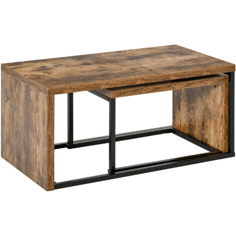 Lot de 2 Tables Basses gigognes Design Industriel encastrable dim. Grande Table 90L x 48l x 42H cm métal Noir Aspect Vieux Bois